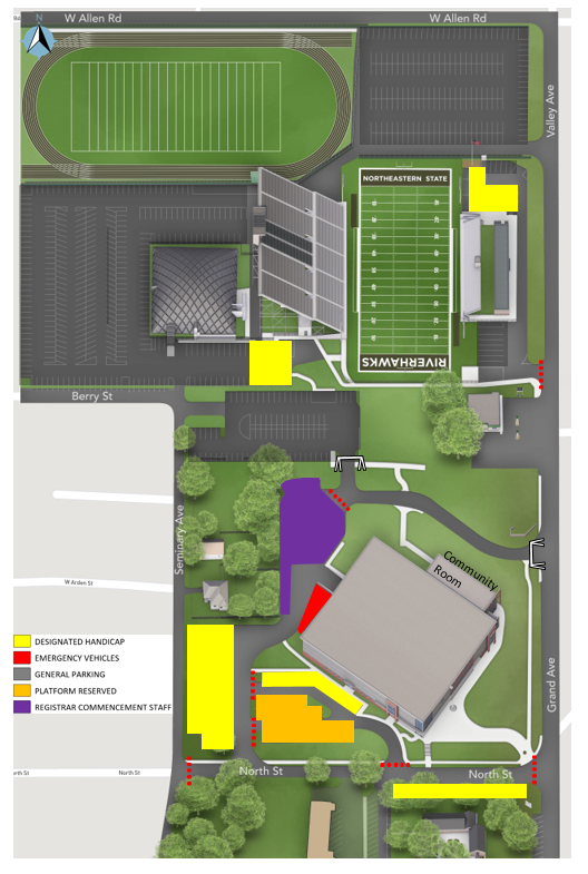 Map of designated parking for NSU commencement ceremony.