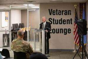 NSU President Steve Turner speaks during a 2019 ribbon cutting ceremony of the Colonel John Rahe Veterans Lounge located in the University Center on the Tahlequah campus.